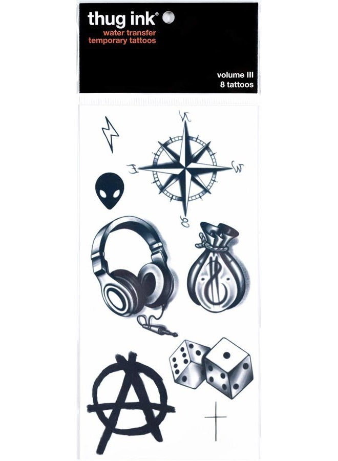 Thug Ink Temporary Tattoos – Volume III – 8-Piece Set | Alien Head, Money Bag, Compass & More | Face & Neck Water-Transfer Tattoos – Fake Ink for Parties, Pranks & More - Image 2